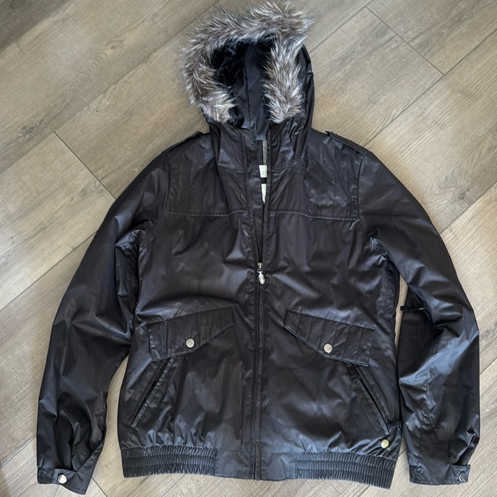 Burton women’s snowboard jacket MP3 Commuter removable faux fur hood trim, Sz M